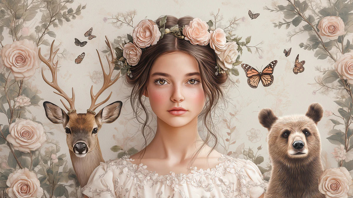 Forest Guardian Girl Floral Mural Wallpaper — Soft Pastel Mural Wallpaper - room preview 02