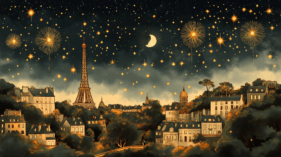 Celestial Wallpaper Mural – Stars & Moon Wall Mural – Starlight over Paris Gold, Blue, and Orange printable artwork