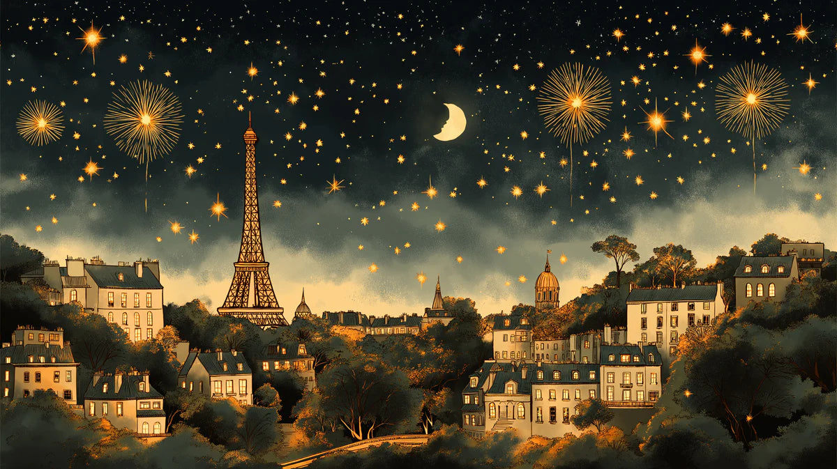 Starlight over Paris Mural Wallpaper Gold, Blue, and Orange Mural Wallpaper - room preview 02