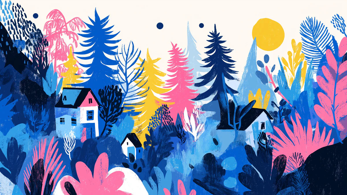 Electric Forest Mural Wallpaper — Playful Whimsical Landscape Mural Wallpaper - room preview 02