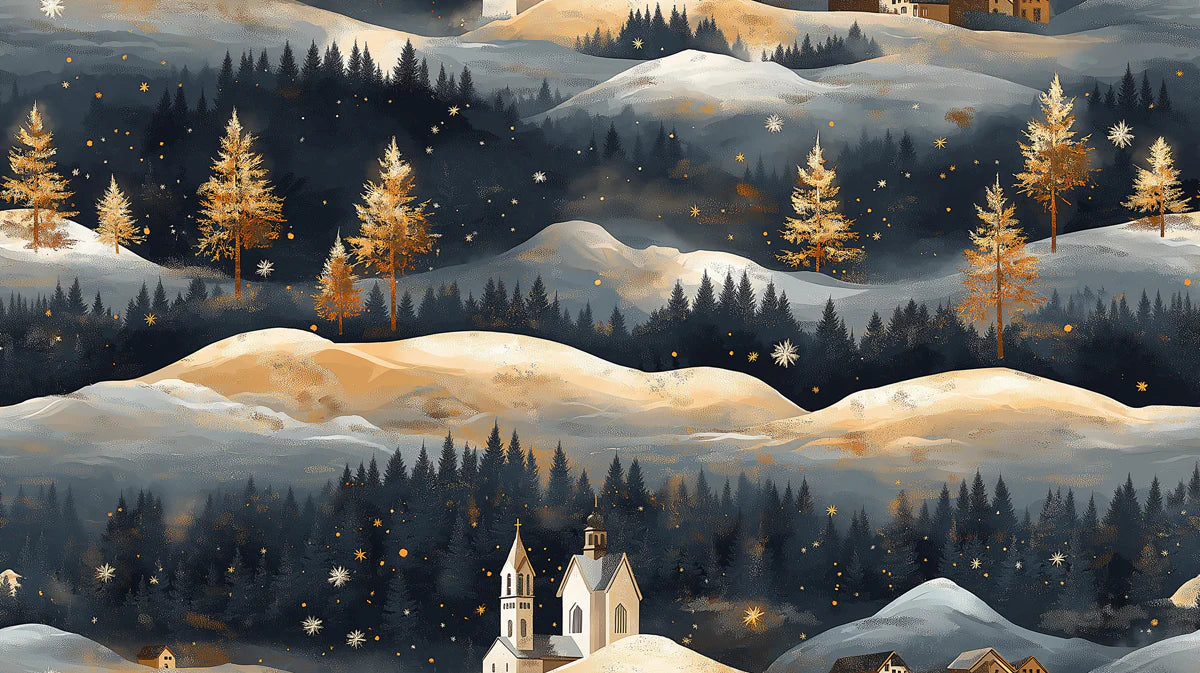 Golden Winter Village Mural Wallpaper Gold, Blue, and White Mural Wallpaper - room preview 02