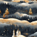 Golden Winter Village Mural Wallpaper Gold, Blue, and White Mural Wallpaper - room preview 02