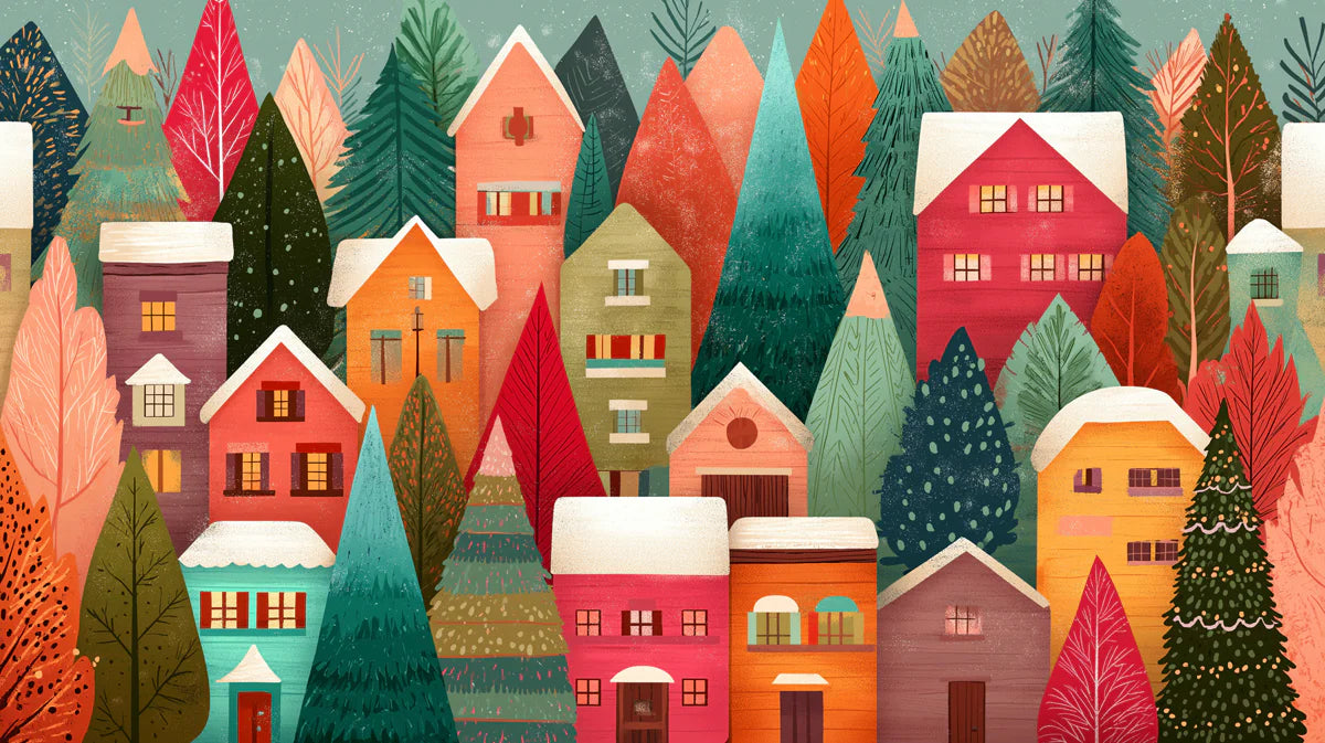 Winter Village Landscape Mural Wallpaper — Whimsical Holiday Art Mural Wallpaper - room preview 02