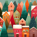 Winter Village Landscape Mural Wallpaper — Whimsical Holiday Art Mural Wallpaper - room preview 02