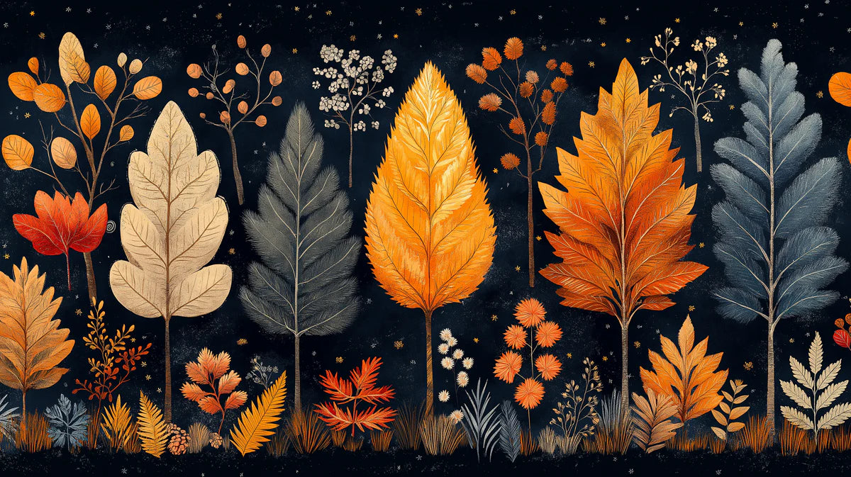Midnight Autumn Folk Art Mural Wallpaper Orange, Gray, and Cream Mural Wallpaper - room preview 02