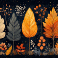 Midnight Autumn Folk Art Mural Wallpaper Orange, Gray, and Cream Mural Wallpaper - room preview 02