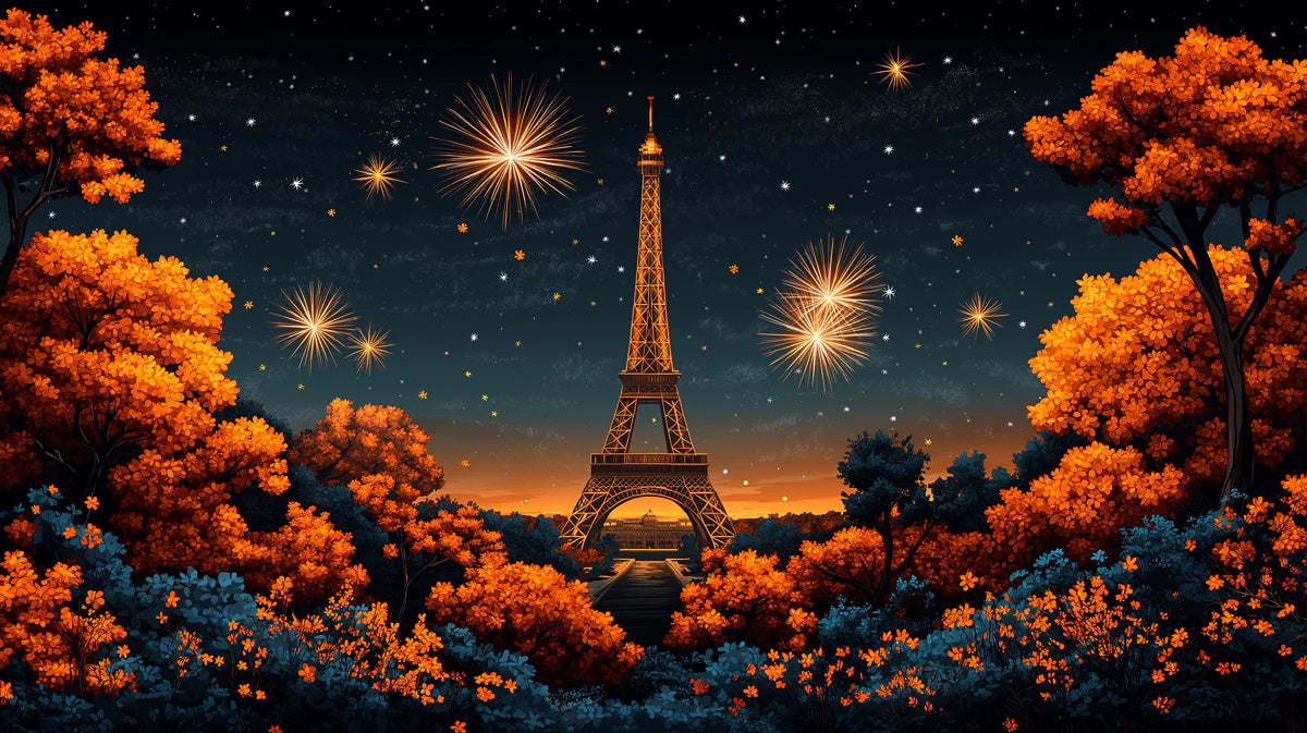 Autumn Fireworks in Paris Mural Wallpaper Orange, Blue, and Gold Mural Wallpaper - room preview 02