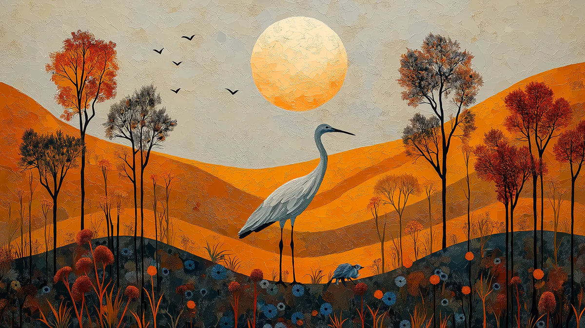 Heron in the Hills Mural Wallpaper — Artistic Painted Landscape Mural Wallpaper - room preview 02