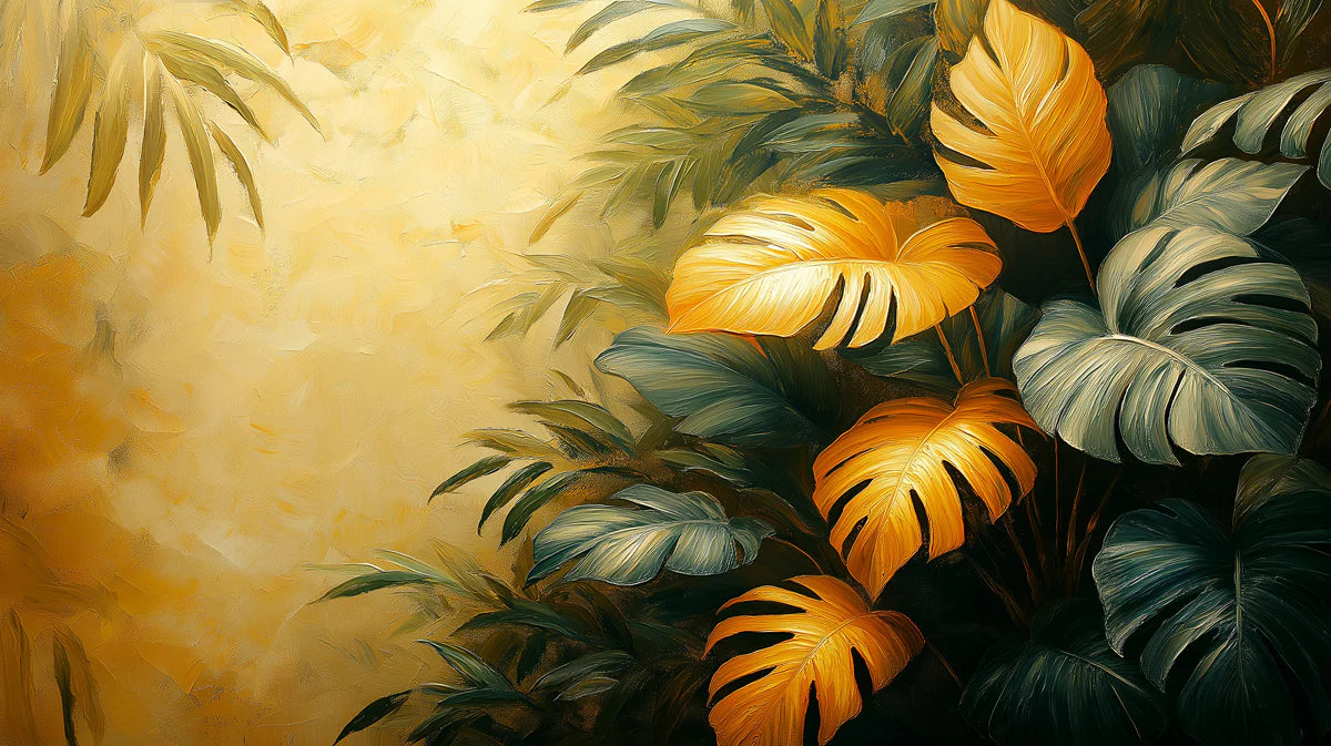 Golden Monstera Mural Wallpaper Gold, Green, and Yellow Mural Wallpaper - room preview 02