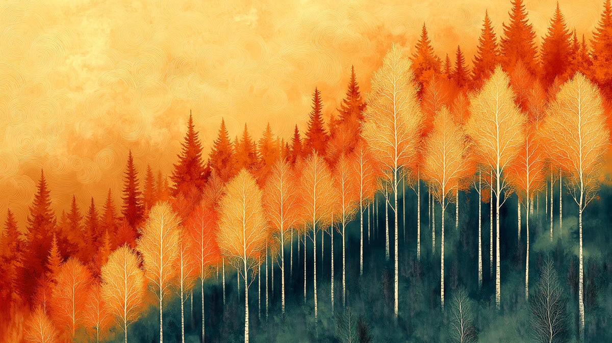 Golden Birch Forest Mural Wallpaper Orange, Gold, and Teal Mural Wallpaper - room preview 02