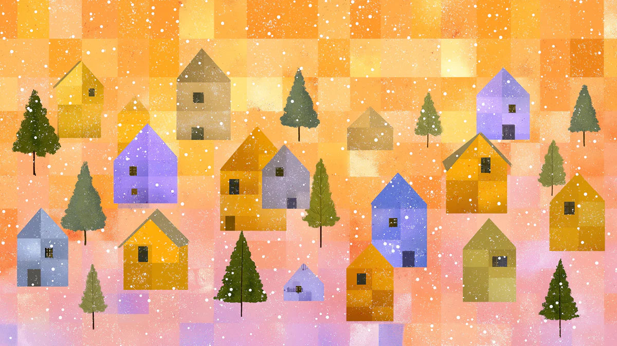 Winter Village Patchwork Mural Wallpaper — Whimsical Artistic Style Mural Wallpaper - room preview 02