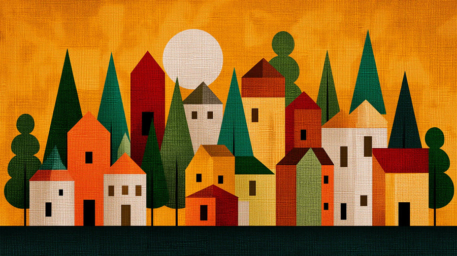 Mid-Century Village Mural Wallpaper —Retromuster Geometrische Sonnenuntergang Wandtapete printable artwork