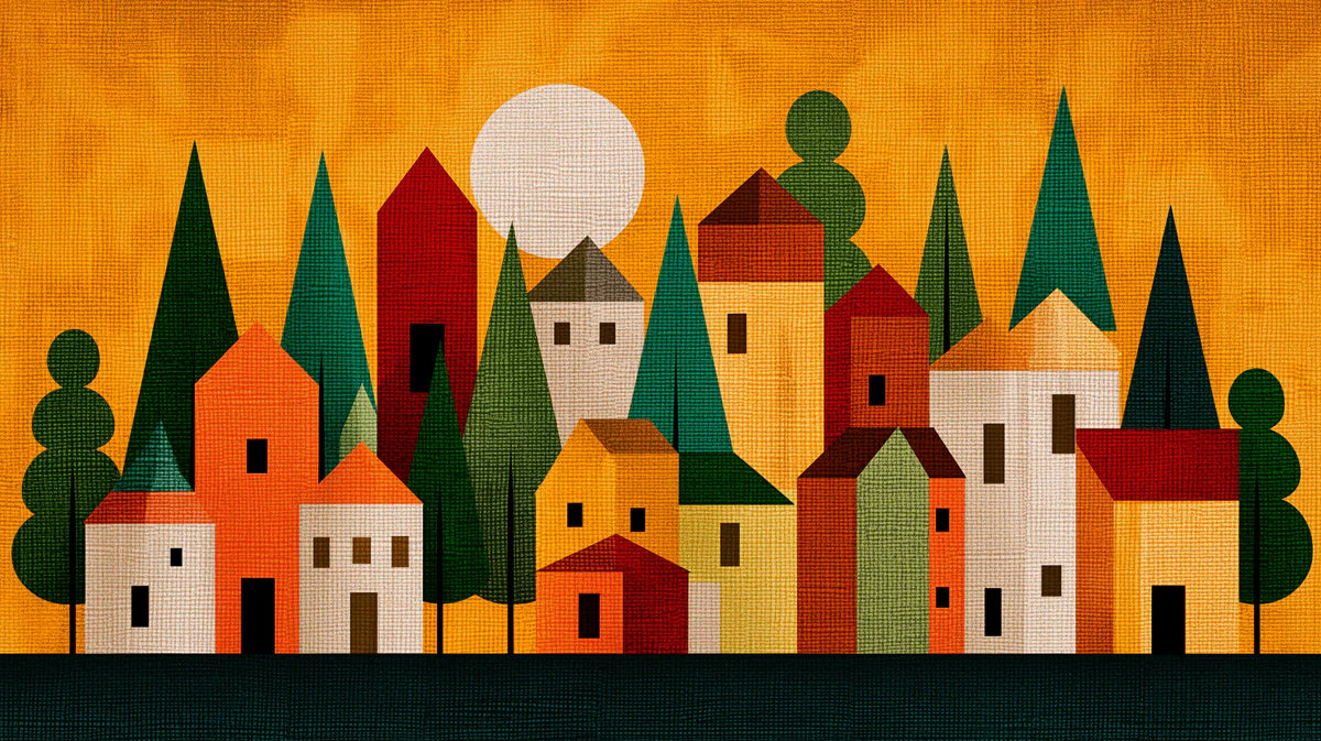 Mid-Century Village Mural Wallpaper —Retro Geometric Sunset Mural Wallpaper - room preview 02