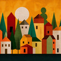 Mid-Century Village Mural Wallpaper —Retro Geometric Sunset Mural Wallpaper - room preview 02