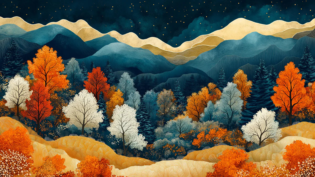 Golden Mountain Valley Mural Wallpaper Orange, Blue, and Gold Mural Wallpaper - room preview 02