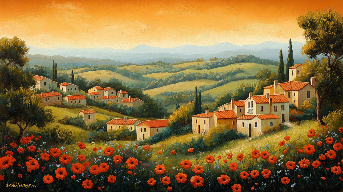 Tuscan Poppy Field Mural Wallpaper — Impressionistic Landscape Mural Wallpaper - room preview 02