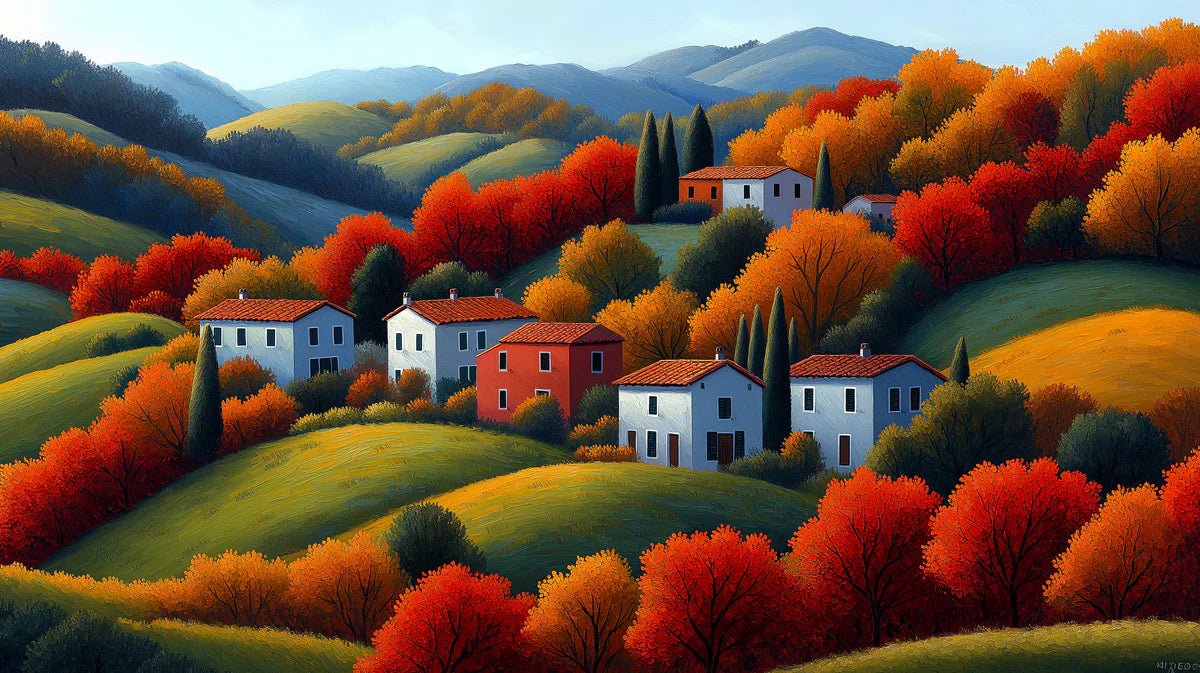 Tuscan Autumn Landscape Mural Wallpaper — Painterly Countryside Scene Mural Wallpaper - room preview 02