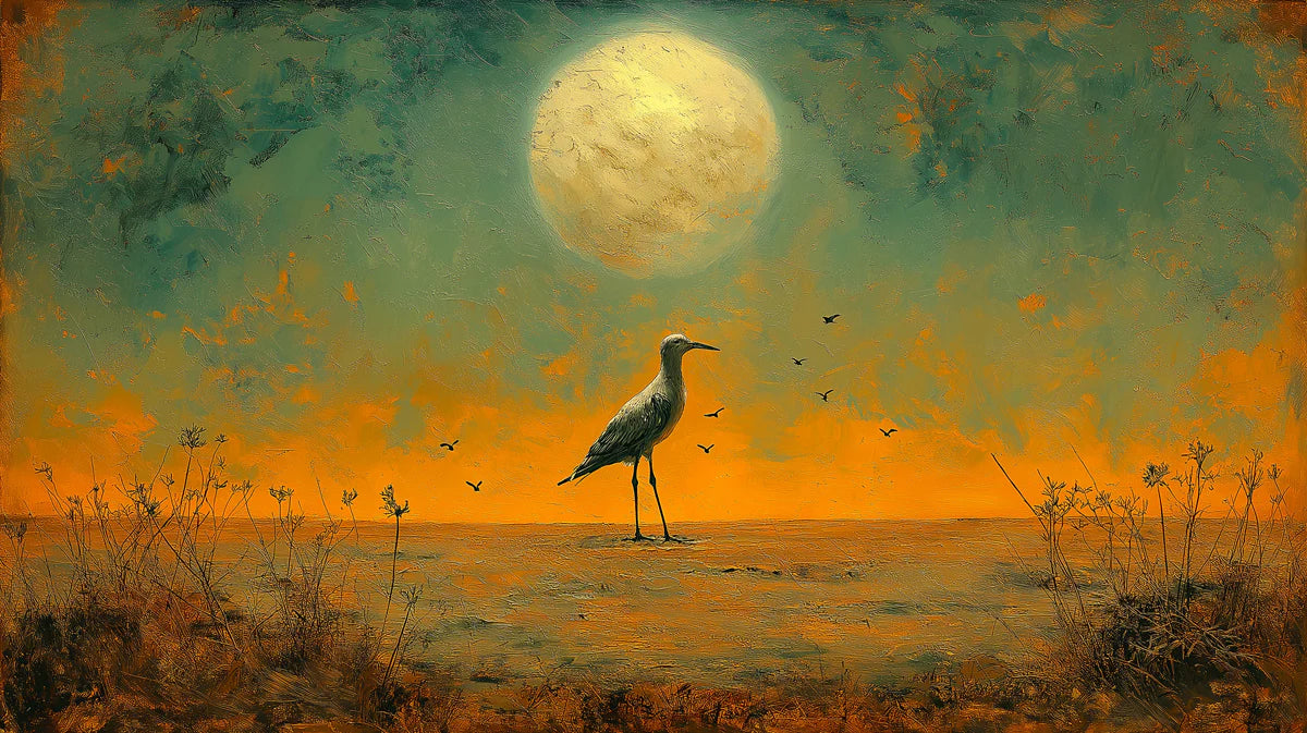 Heron and Moon Mural Wallpaper — Atmospheric Oil Painting Style Mural Wallpaper - room preview 02