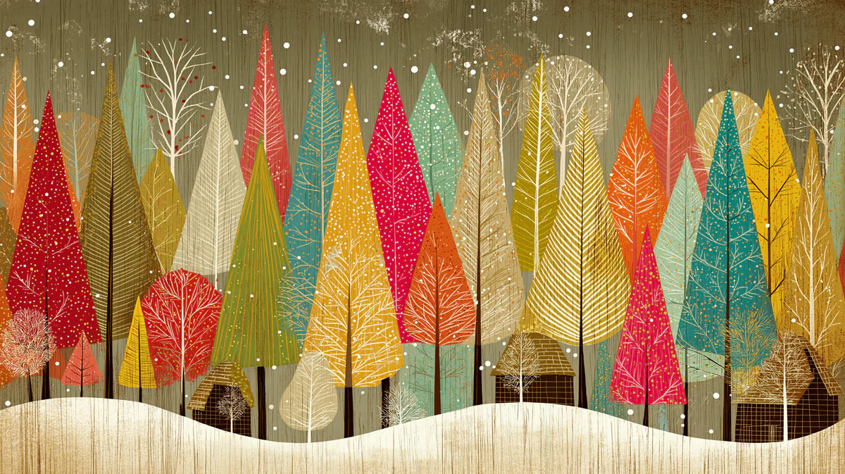 Mid-Century Forest Mural Wallpaper — Retro Festive Winter Scene Mural Wallpaper - room preview 02