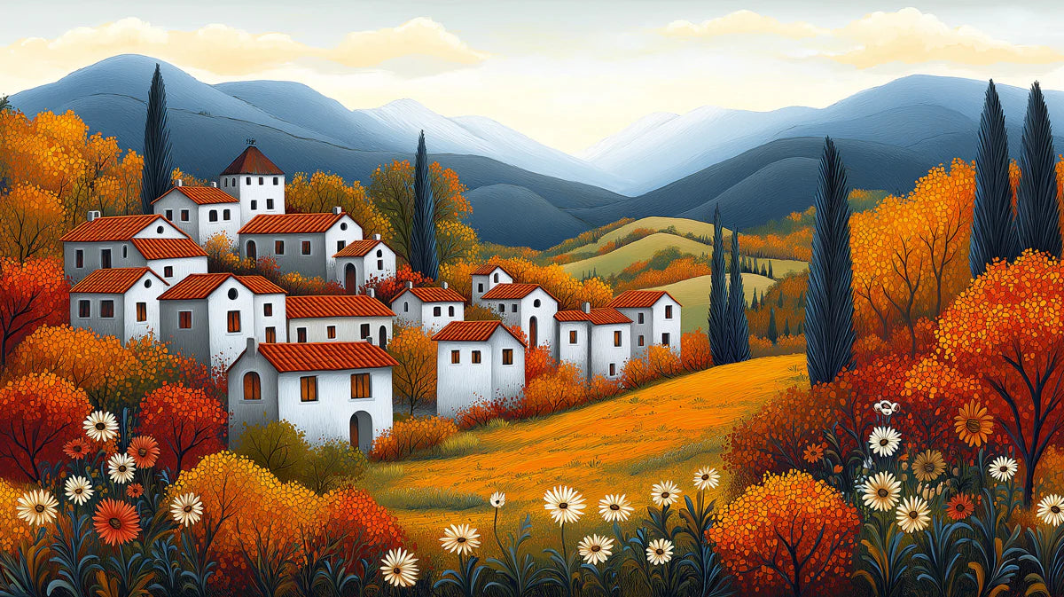 Autumn Village Landscape Mural Wallpaper — Warm Painted Horizon Mural Wallpaper - room preview 02