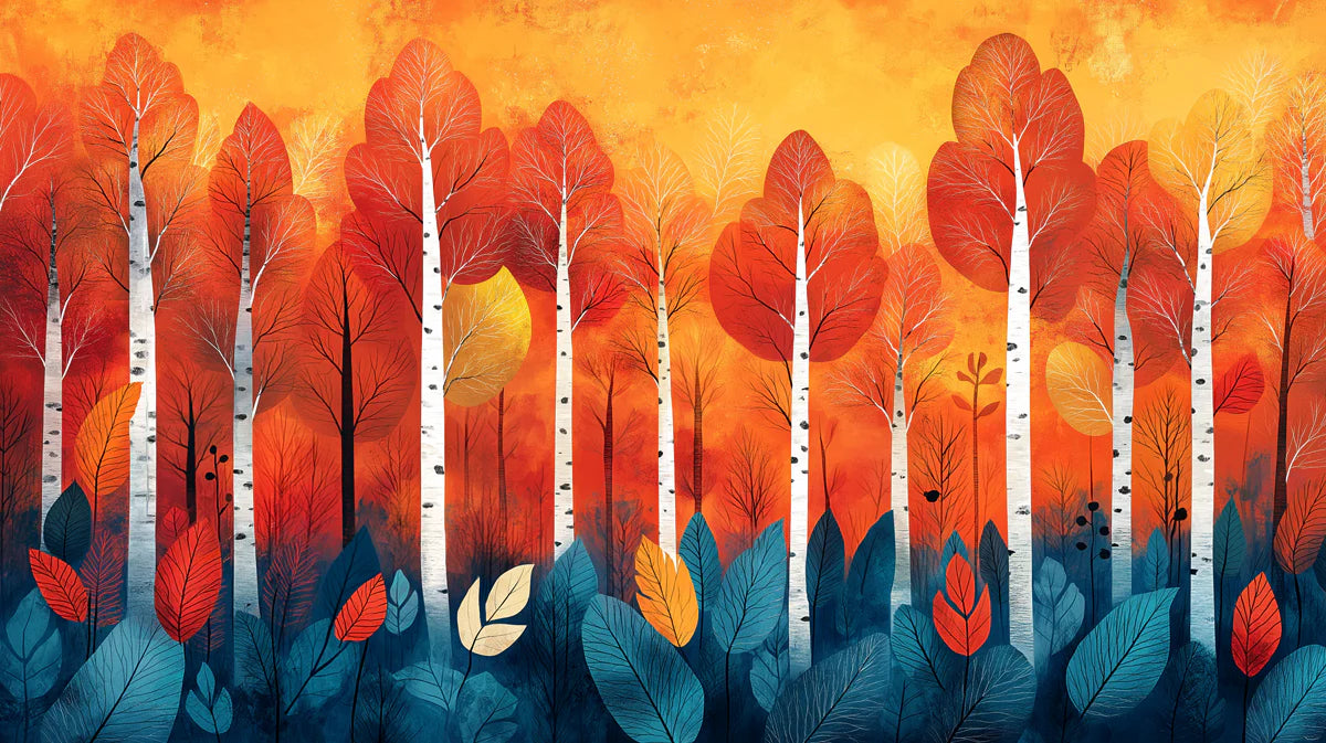 Crimson Birch Woods Mural Wallpaper Red, Orange, and Teal Mural Wallpaper - room preview 02