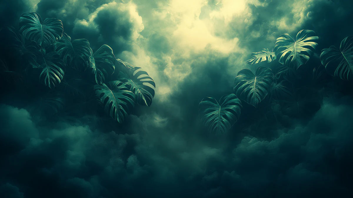 Moody Tropical Leaves in a Stormy Sky Mural Wallpaper Ethereal and Dramatic Art Mural Wallpaper - room preview 02