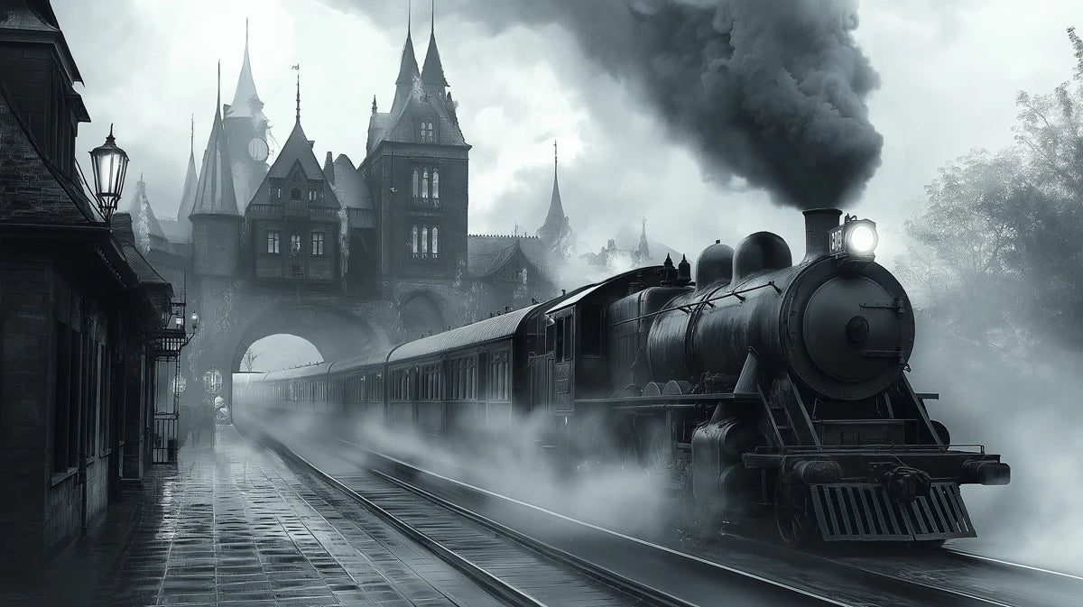 Steampunk Steam Train Arrival Mural Wallpaper in Monochrome Mural Wallpaper - room preview 02
