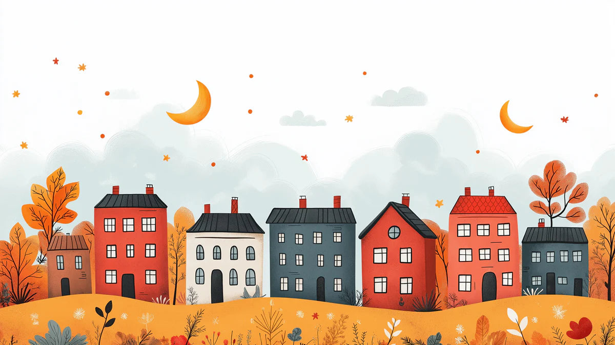 Autumn Townscape Mural Wallpaper — Whimsical Storybook Illustration Mural Wallpaper - room preview 02