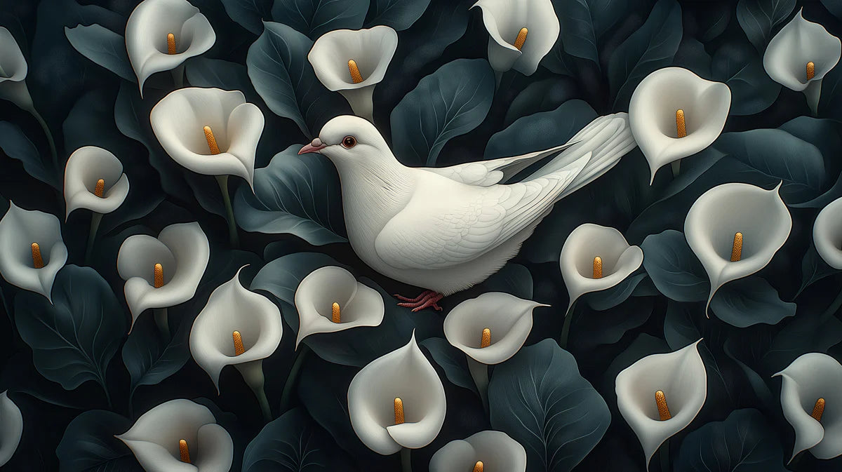 Elegant White Dove and Calla Lilies Mural Wallpaper Serene Floral and Bird Art Mural Wallpaper - room preview 02