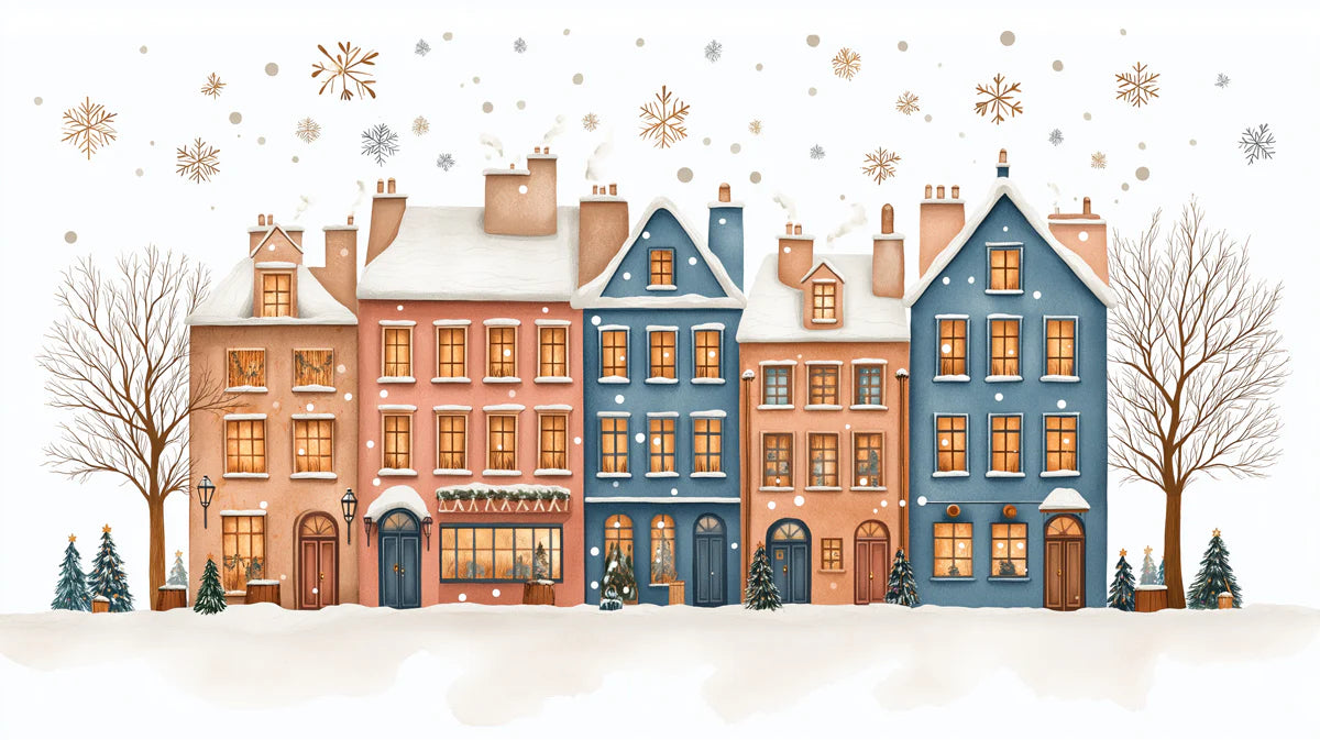 Snowy Townhouse Winter Mural Wallpaper — Whimsical Festive Decor Mural Wallpaper - room preview 02