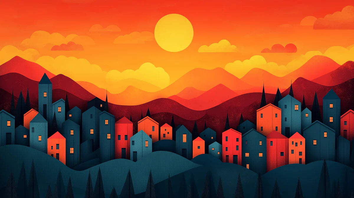 Sunset Mountain Village Mural Wallpaper — Colorful Valley Scene Mural Wallpaper - room preview 02