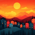 Sunset Mountain Village Mural Wallpaper — Colorful Valley Scene Mural Wallpaper - room preview 02