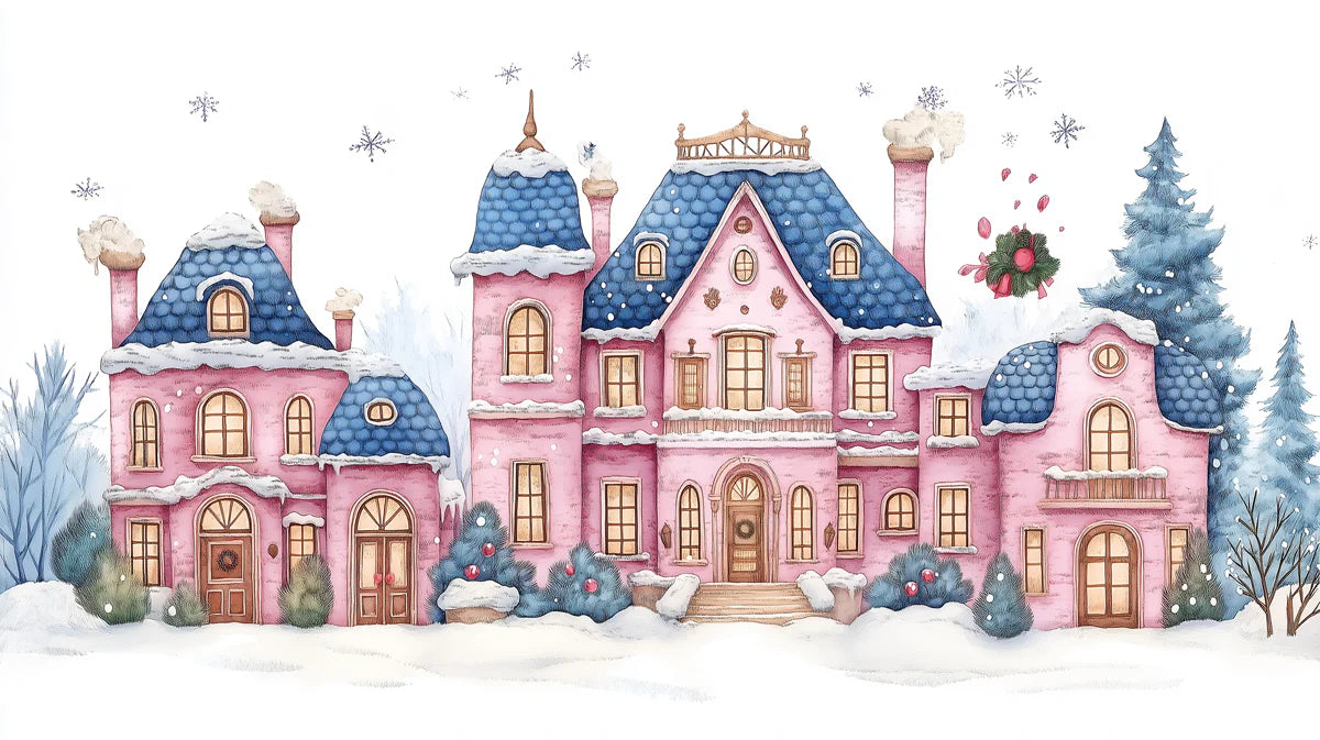 Whimsical Pink Winter Houses Mural Wallpaper Charming Snowy Scene Mural Wallpaper - room preview 02