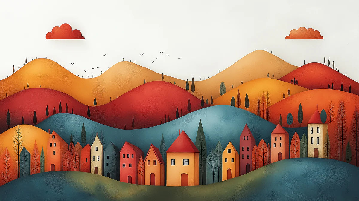 Autumn Village Mural Wallpaper — Scenic Rolling Landscape Art Mural Wallpaper - room preview 02