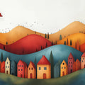 Autumn Village Mural Wallpaper — Scenic Rolling Landscape Art Mural Wallpaper - room preview 02