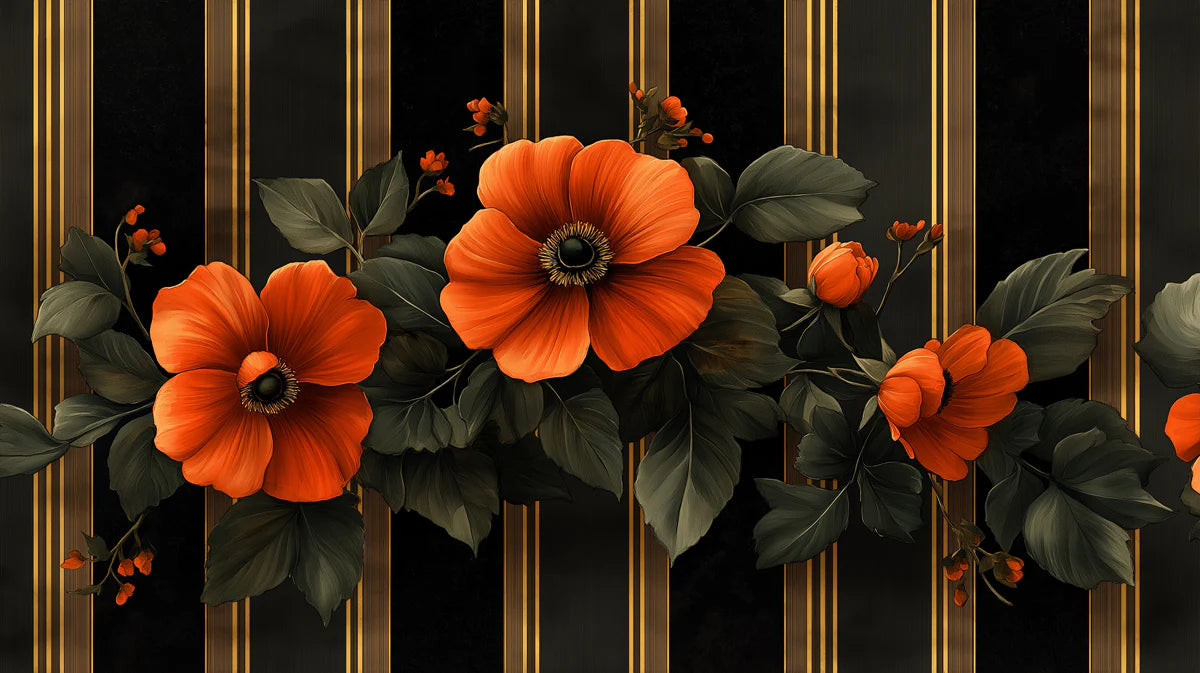 Dramatic Floral Art with Gold Stripes Mural Wallpaper Luxurious and Elegant Design Mural Wallpaper - room preview 02