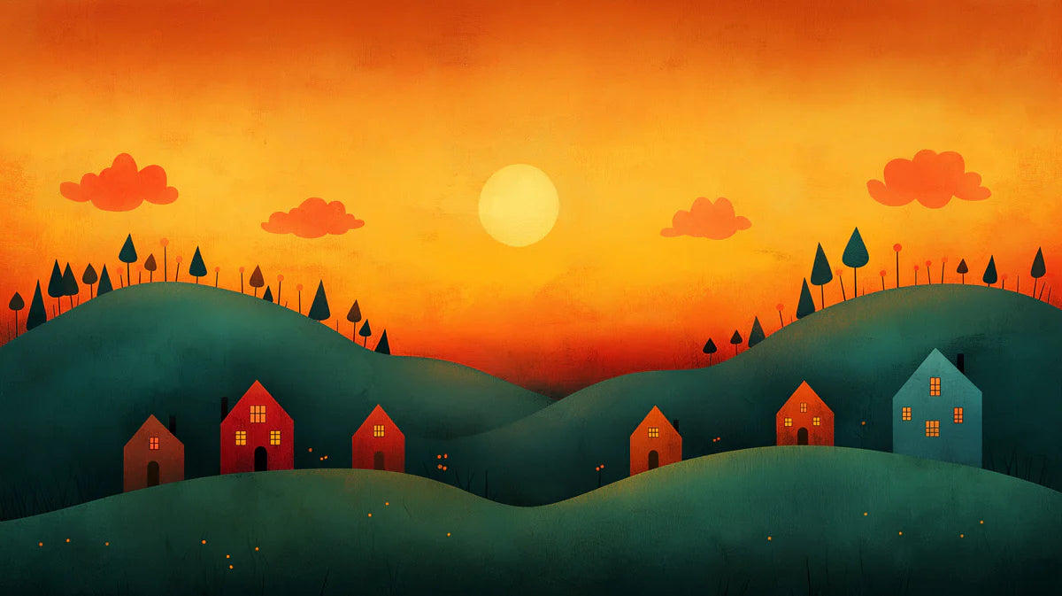 Rolling Hills Sunset Mural Wallpaper — Minimalist Landscape Art Mural Wallpaper - room preview 02