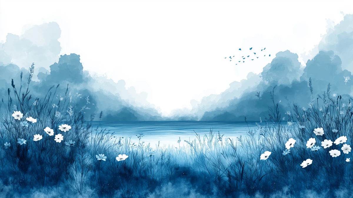 Minimalist Blue Watercolor Landscape Mural Wallpaper Serene Nature Art Mural Wallpaper - room preview 02