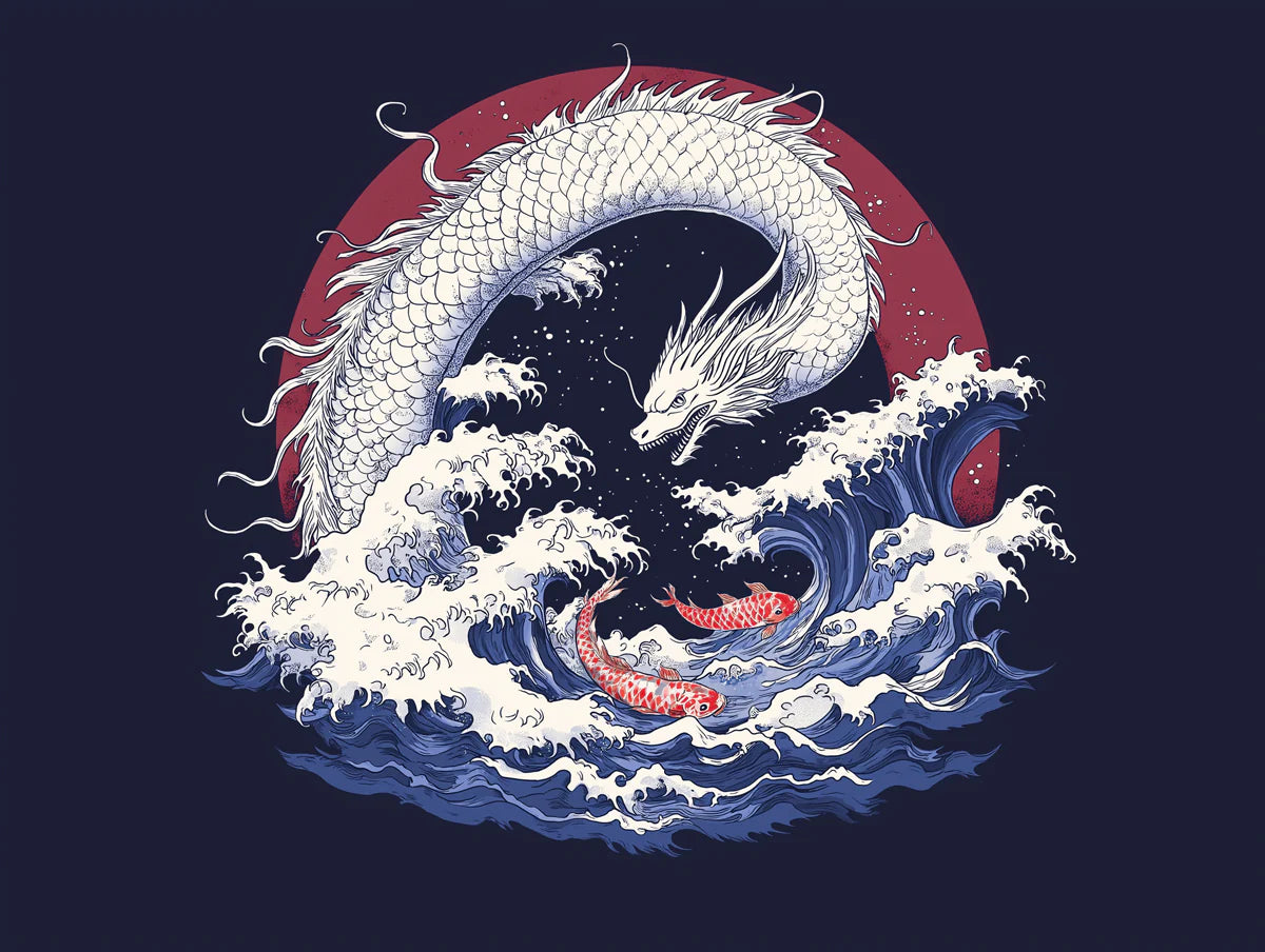 Japanese Dragon and Koi Wave Mural Wallpaper — Mythical Art Mural Wallpaper - room preview 02