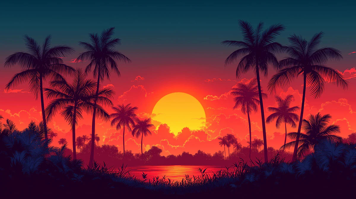 Retro Synthwave Tropical Sunset Mural Wallpaper Stylized Landscape Art Mural Wallpaper - room preview 02