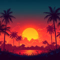 Retro Synthwave Tropical Sunset Mural Wallpaper Stylized Landscape Art Mural Wallpaper - room preview 02