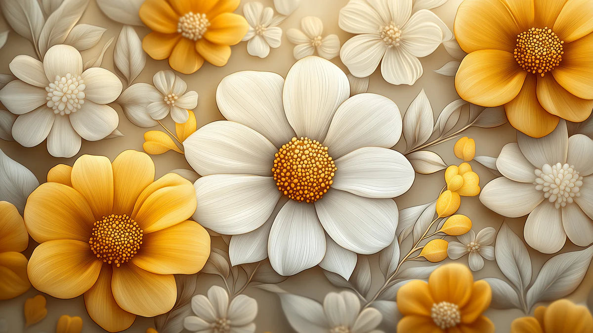 Elegant Floral Pattern with Golden and White Flowers Mural Wallpaper Serene Botanical Art Mural Wallpaper - room preview 02