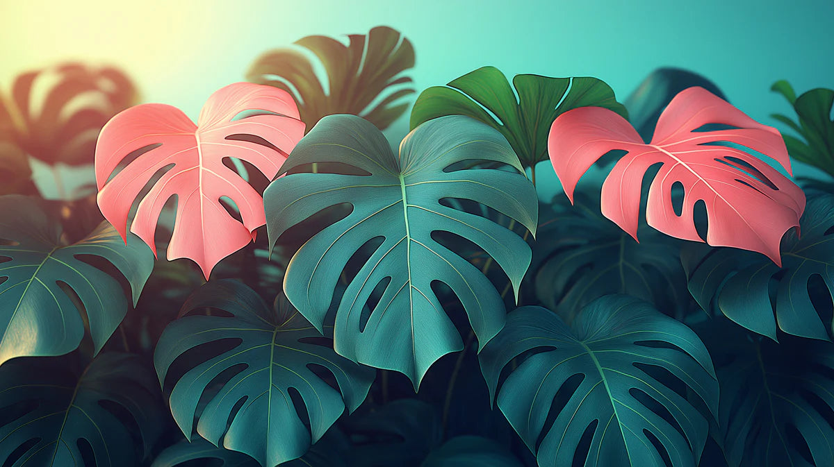 Vibrant Tropical Monstera Leaves with Pink Accents Mural Wallpaper Colorful Botanical Art Mural Wallpaper - room preview 02