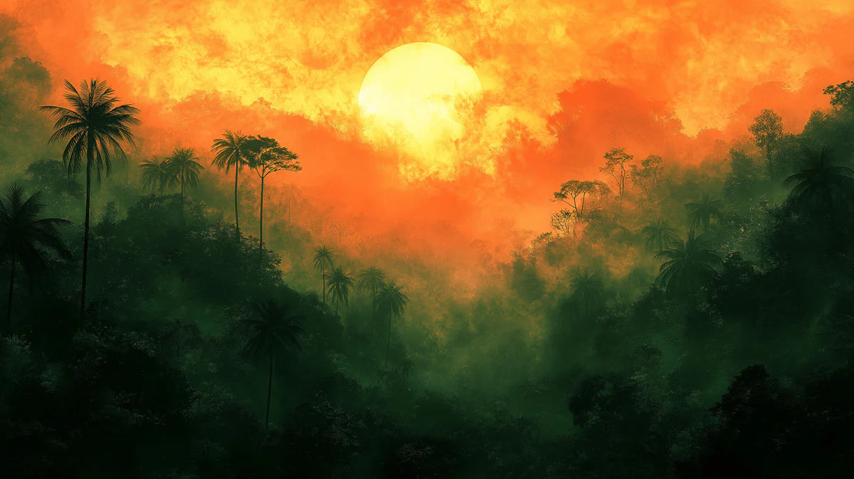 Misty Jungle Sunset with Palm Trees Mural Wallpaper Ethereal Tropical Art Mural Wallpaper - room preview 02
