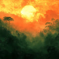 Misty Jungle Sunset with Palm Trees Mural Wallpaper Ethereal Tropical Art Mural Wallpaper - room preview 02