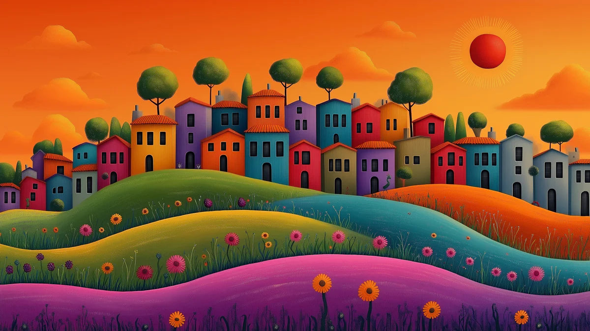 Sunset Hillside Village Mural Wallpaper — Whimsical Landscape Mural Wallpaper - room preview 02