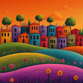 Sunset Hillside Village Mural Wallpaper — Whimsical Landscape Mural Wallpaper - room preview 02