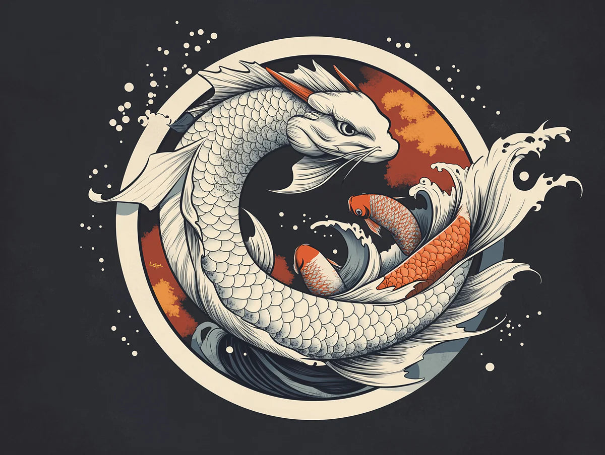 Japanese Dragon Koi Circular Mural Wallpaper — Graphic Tattoo Art Mural Wallpaper - room preview 02