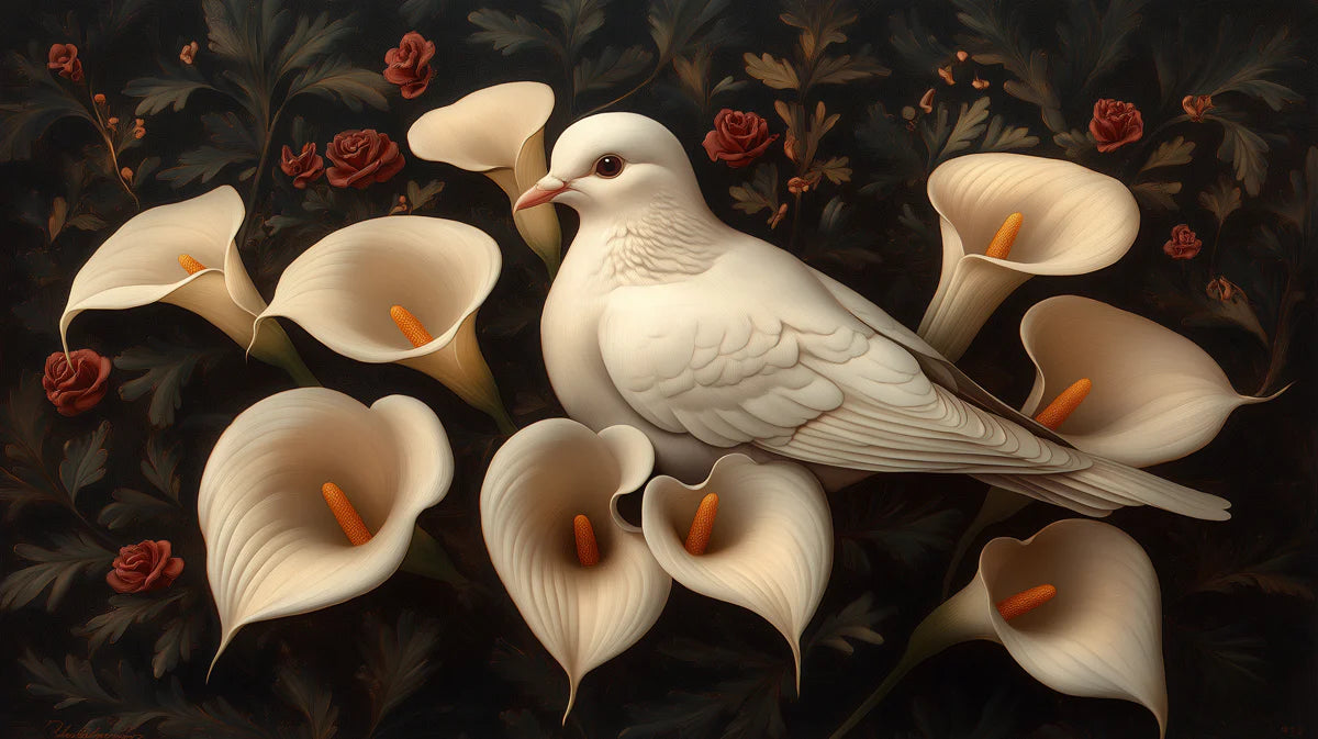 Elegant White Dove and Calla Lilies Mural Wallpaper Classic Floral and Bird Art Mural Wallpaper - room preview 02