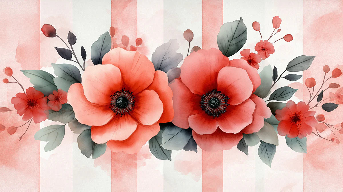 Vintage Pink and White Stripes with Floral Mural Wallpaper Retro Botanical Art Mural Wallpaper - room preview 02